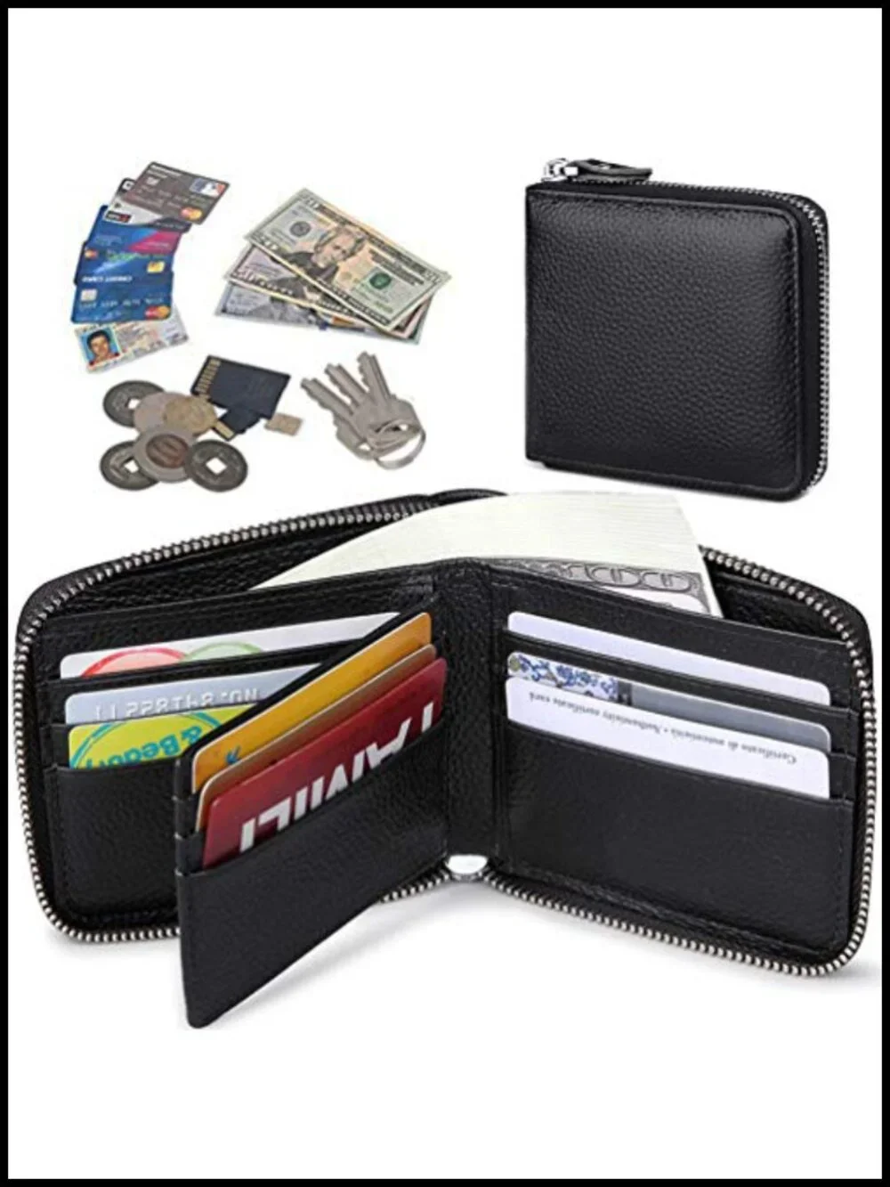 Genuine Leather RFID Blocking Zipper Bifold Wallet with Many Card Slots